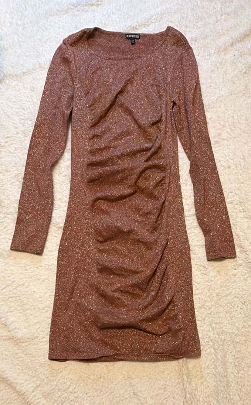 Express Glitter Sparkle Ruched Front Long Sleeve Bodycon Dress Brown Size M